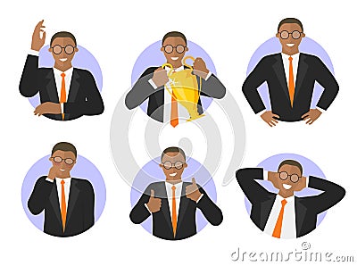 Set of black businessman success expression icons Stock Photo