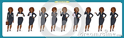 Set of Black Businesswoman character design.Front, side, back view animated character.Business girl character Vector Illustration