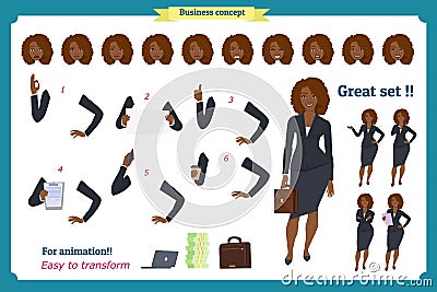 Set of Black Businesswoman character design.Front, side, back view animated character.Business girl character Vector Illustration