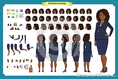 Set of Black Businesswoman character design.Front, side, back view animated character. Vector Illustration