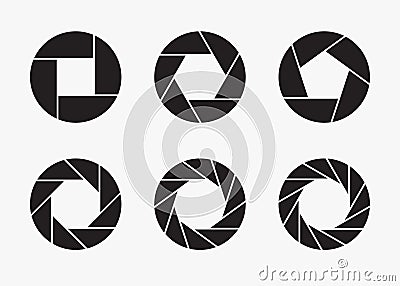 Set of black camera lens aperture icons. Vector Illustration