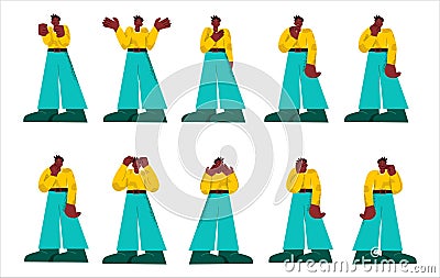 Set of black casual male showing different emotion and poses big limbs style Vector Illustration