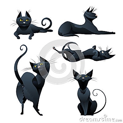 Set of black cat in various poses. Vector Illustration