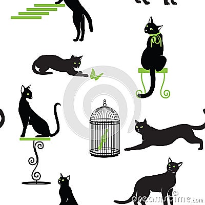 Set of black cats with green eyes and accessories in different p Vector Illustration