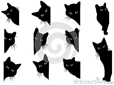 Set of black cats looking out of the corner. Collection of cat faces that spy on you. Playing pets. Tattoo. Vector Illustration