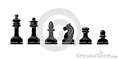 Set of black chess piece icons isolated on white background. Board game. Black silhouettes. Vector Illustration
