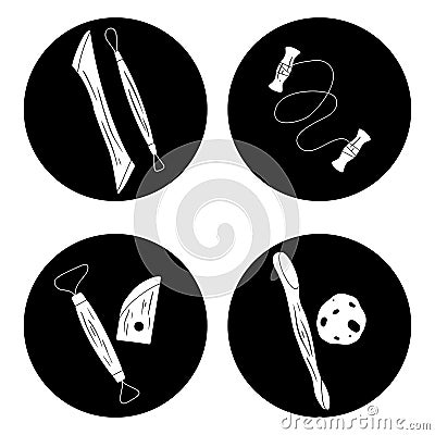 Set of black circle with silhouette tools for pottery. Hobbies and workshop. Cutter, wire, sponge. Vector Illustration