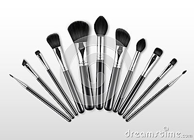 Set of Black Clean Professional Makeup Concealer Powder Blush Eye Shadow Brow Brushes with Black Handles Vector Illustration