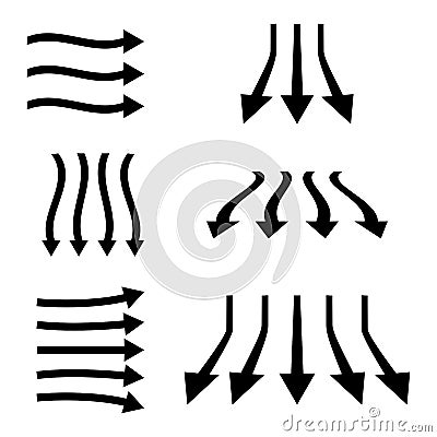 Set of black color arrows. Clean, fresh air flow. Filtration direction, arrows. A stream of cold air from the conditioner. Wind Vector Illustration