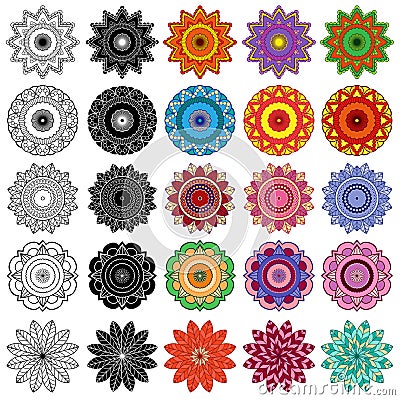 Set of black and color stylized flowers Vector Illustration