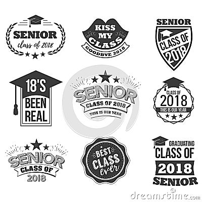 The set of black colored senior text signs with the Graduation Cap Vector Illustration