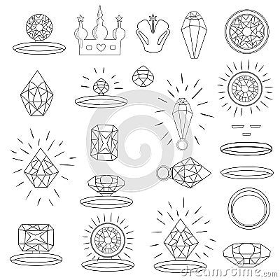 Set of black contour crystals, gems for childish jewelery isolated on white. Vector illustration with editable stroke. Vector Illustration