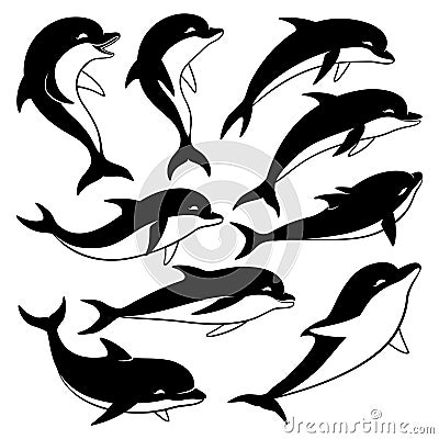 Set of black dolphins. Vector Illustration