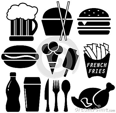 Set black fast food objects Vector Illustration