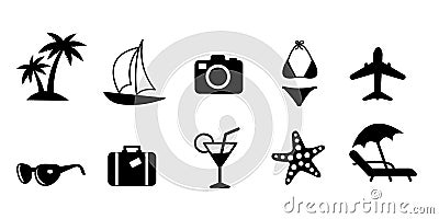 Set of black flat travel and vacation vector icons. Palm tree, sailing ship, camera, bikini swimsuit, plane, sunglasses Vector Illustration