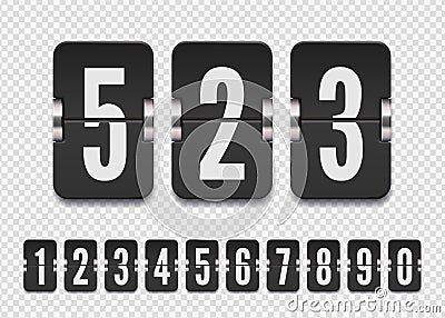 Set of black flip numbers on a mechanical score board with shadows. Vector template for your design. Vector Illustration