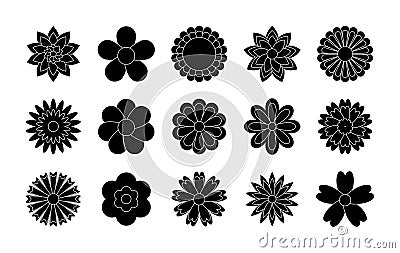 Set of black Flowers icons. Greeting cards. Stickers and labels. Mothers Day, Womens day Vector Illustration