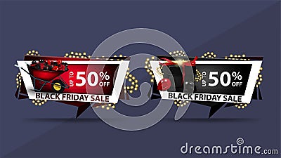 Set of Black Friday discount banners in form of abstract geometrical pointers with wheelbarrow with gifts, present box. Vector Illustration