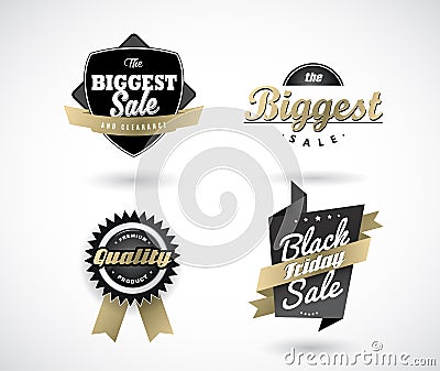 Set of Black Friday hand made simple labels with golden ribbon. Vector Illustration