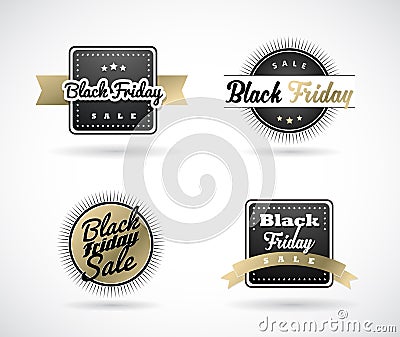 Set of Black Friday hand made simple labels with golden ribbon. Vector Illustration