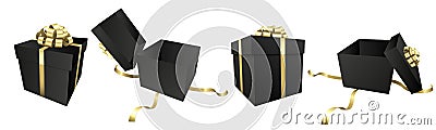 Set of black gift box with a gold bow - Christmas and birthday present collection Vector Illustration