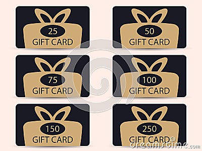 Set of black gift cards with gold gift box. Design template for gift and discount card, marketing products Vector Illustration
