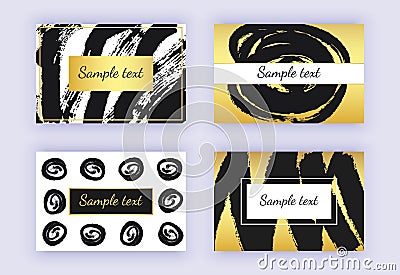 Set of black and gold business card, brush stroke designs. Abstract modern backgrounds. Templates for banners, flyers, placard, po Stock Photo