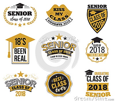 The set of black and gold colored senior text signs with the Graduation Cap, ribbon vector illustration. Class of 2018 Vector Illustration