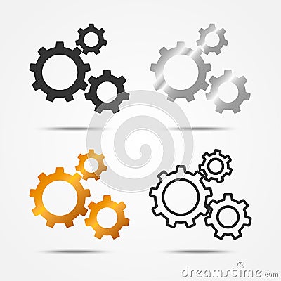 Set of black, gray, silver and gold 3 gears or cogs sign simple icon with shadow on white background Vector Illustration