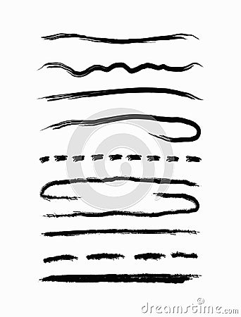 Set of black grunge lines. Underline drawn by hand with a rough brush. Sketch, paint, watercolour, ink. Vector Illustration