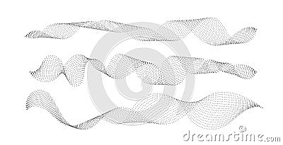 Set of black halftone waves on white background. Curve shape with small particles. Abstract liquid shapes, wave effect Vector Illustration