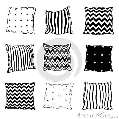 Set of black hand-drawn sketch style pillows - one, two, stack of four, standing, lying, front and side view, vector Vector Illustration