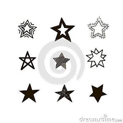 Set of black hand drawn vector stars in doodle style on white background. Could be used as pattern element Stock Photo