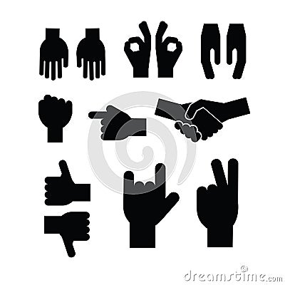 Set of black hands. Different gestures, handshake, signals. Icons and symbols Vector Illustration
