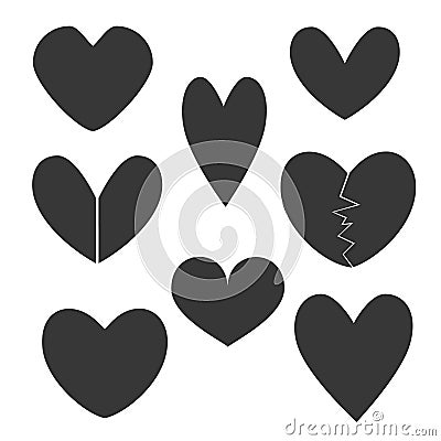 Set with Black Heart Icons of Defferent Shapes Stock Photo