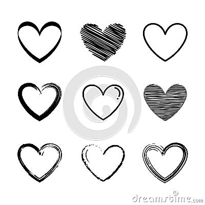 Set of black heart outline hand drawn vector illustrations. Vector Illustration