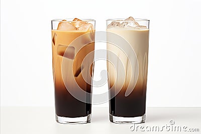 Set of black iced coffee and iced latte coffee with milk in tall glass isolated on white background Stock Photo