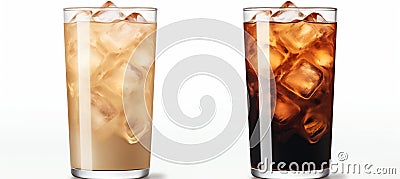 Set of black iced coffee and iced latte in tall glass with milk, isolated on white background Stock Photo