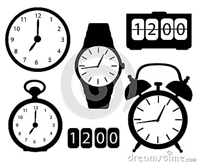 Set of black icon silhouette clocks and watches alarm digital electronic stopwatch wristwatch wall clock cartoon vector illustrati Cartoon Illustration