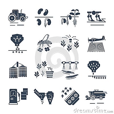 Set of black icons agriculture, farming production Vector Illustration