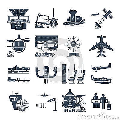 Set of black icons airport and airplane, control tower Vector Illustration