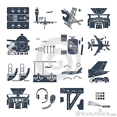 Set of black icons airport and airplane, terminal, runway Vector Illustration