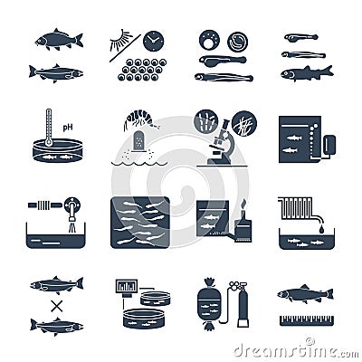 Set of black icons aquaculture production, fish farming Vector Illustration