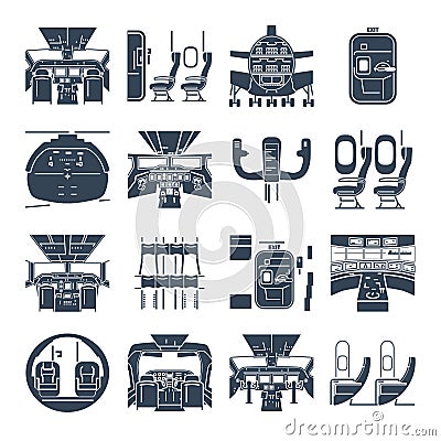 Set of black icons cockpit airplane, cabin interior Vector Illustration