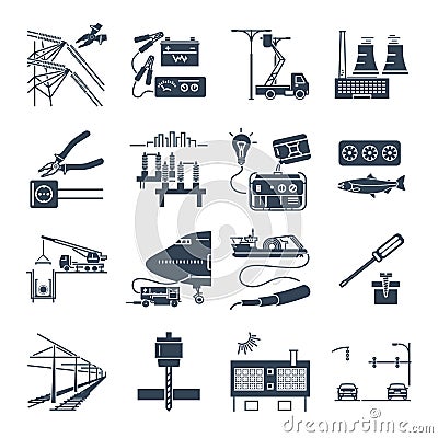 Set of black icons electrical equipment, technology Vector Illustration