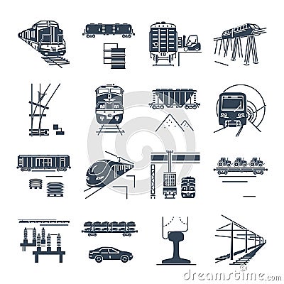 Set of black icons freight and passenger rail transport, train Vector Illustration