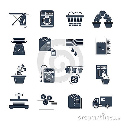 Set of black icons laundry service production Vector Illustration