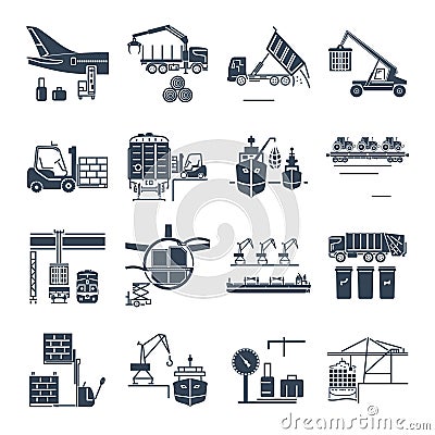 Set of black icons loading and unloading of goods, storage Vector Illustration