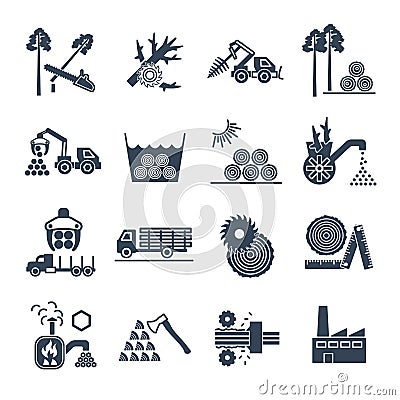 Set of black icons logging and forestry production Vector Illustration