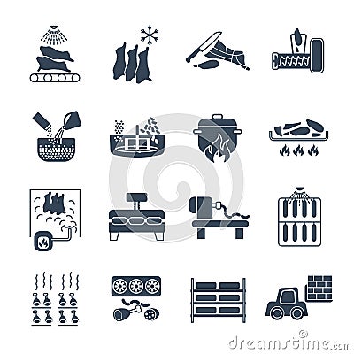 Set of black icons manufacture of meat products production Vector Illustration
